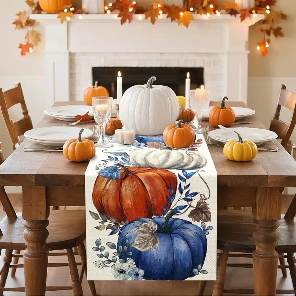 Artscope‎ Pumpkins Eucalyptus Leaves Fall Table Runner,Autumn Seasonal Kitchen